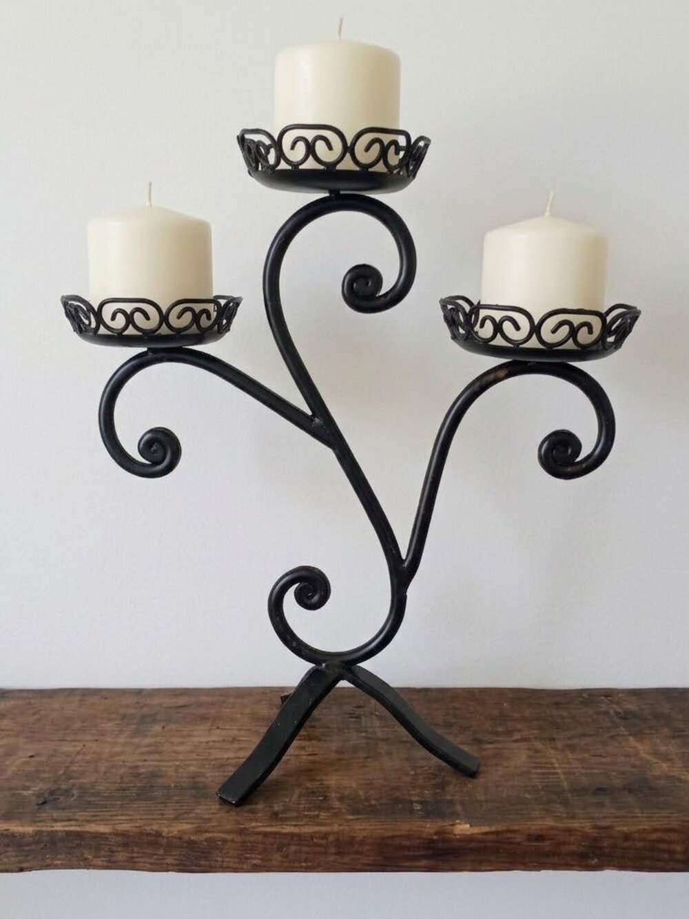 Vintage Wrought Iron Candelabra 3-Arm Candle Holder Black Scroll French Country
